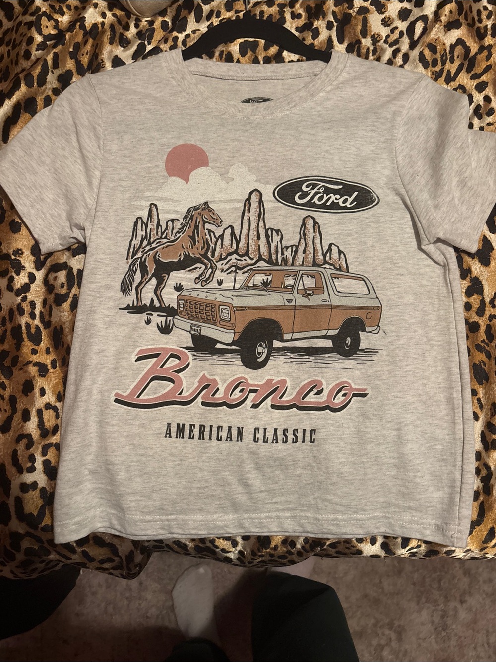 Ford Bronco Graphic Tee in Light Gray with Brown & Pink Accents